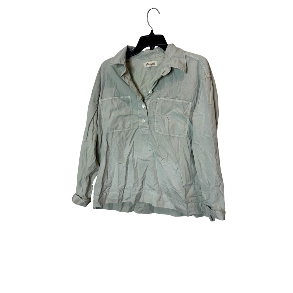 Madewell‎ Blouse Womens Large Green Collared Button Front Pocket Top Long Sleeve